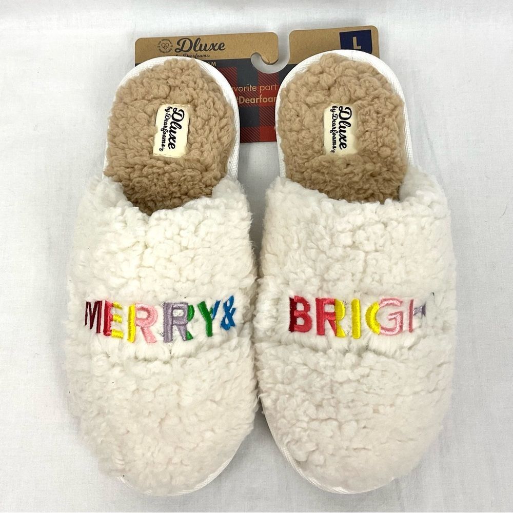 Merry & Bright Slippers Teddy Slide Dearfoams Women's Lg 9/10 Rainbow Stitching